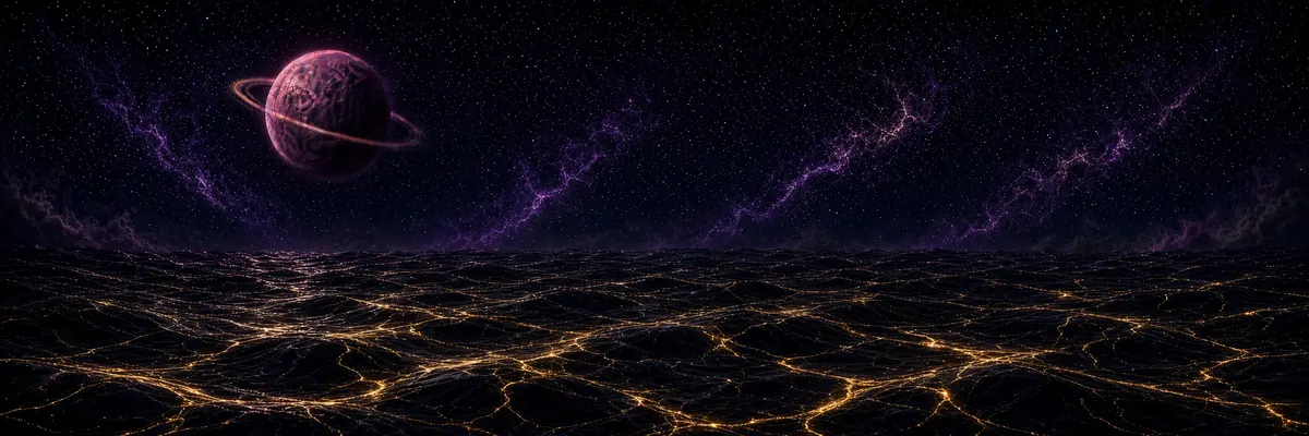 Wide background: a ringed planet over dark ground veined with glowing gold