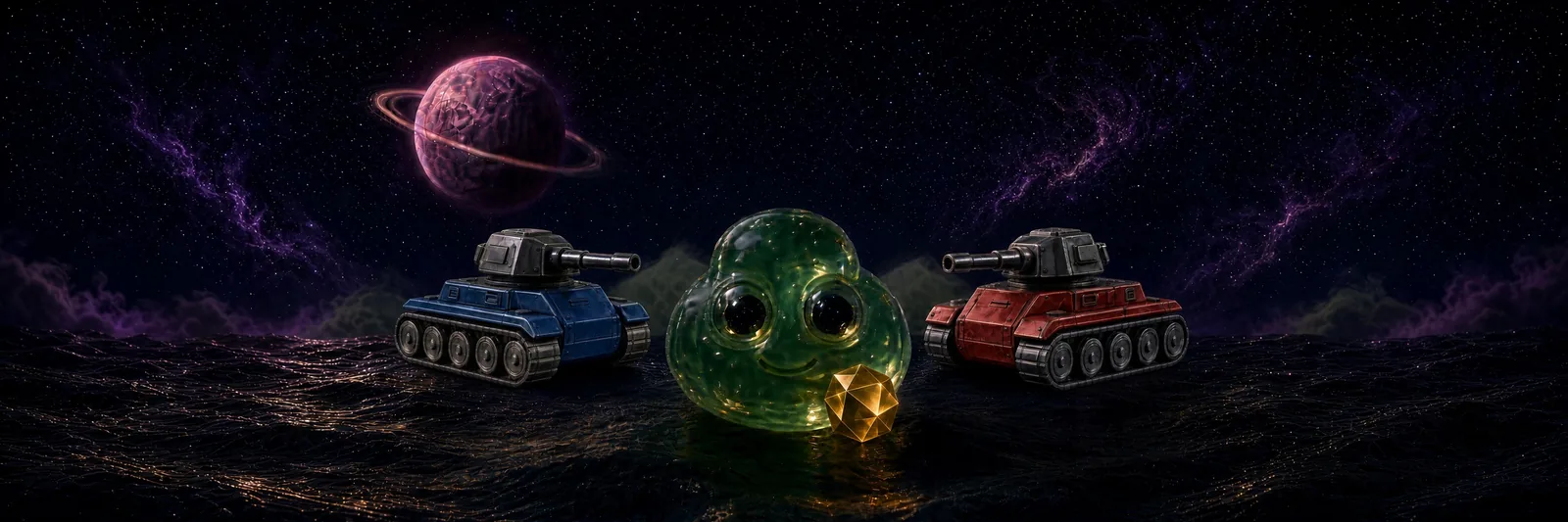 Wide banner: a green slime with a gold crystal between a blue tank and a red tank under a ringed planet