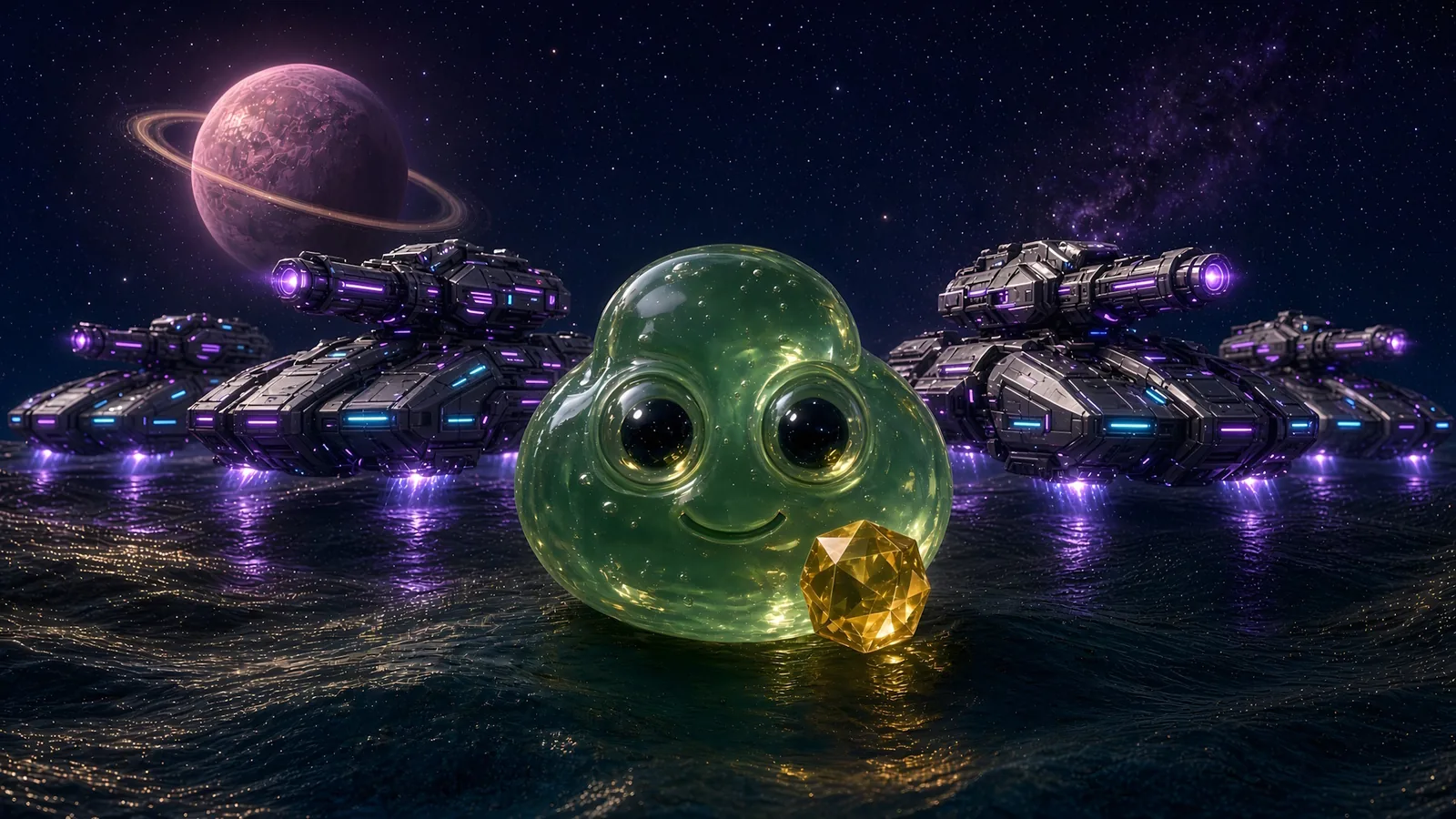 A green slime and its gold crystal in front of a line of dark hover tanks with glowing purple lights.