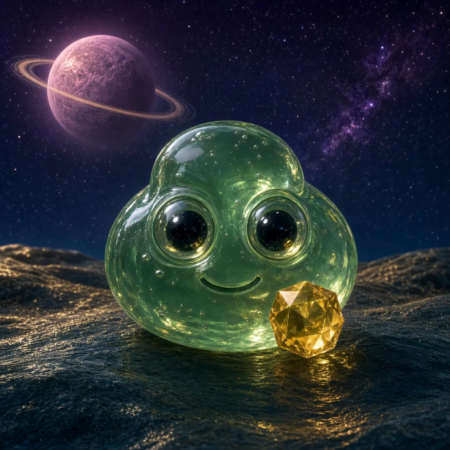 A glossy green slime with big round eyes and a gold crystal, on dark rocky ground under a ringed planet.