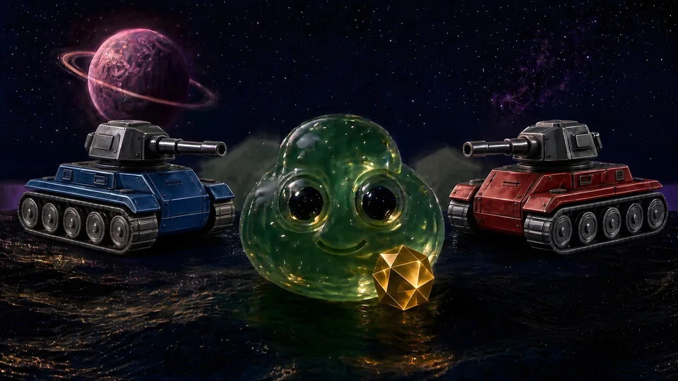 Key art: a green slime holding gold between a blue tank and a red tank