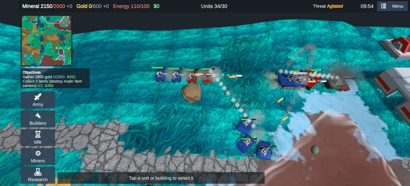 Blue and red tanks fighting on alien grass, with rocket trails and tracer fire.