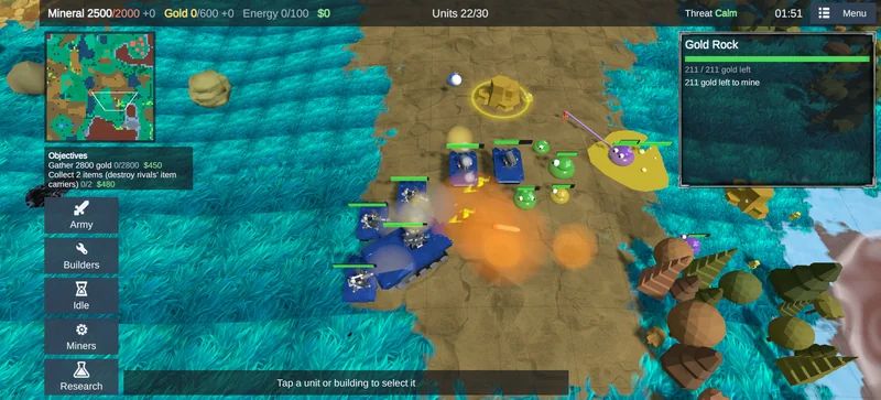 Blue tanks firing at green, yellow and purple slimes beside a yellow ooze pool, with an explosion.