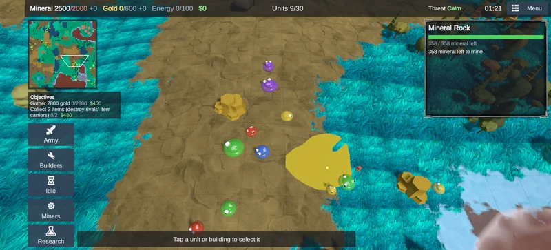 Green, red, blue, yellow and purple slimes gathered by an ooze pool and gold rocks.