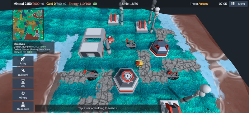 A red rival base on a grassy plateau with a command post, factory, research lab and smoking power plants.