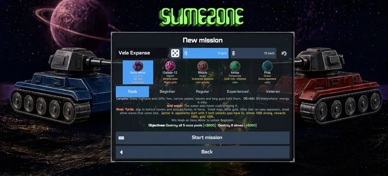 The New mission screen listing five planets with their biomes, traits and hazards, and five difficulties.