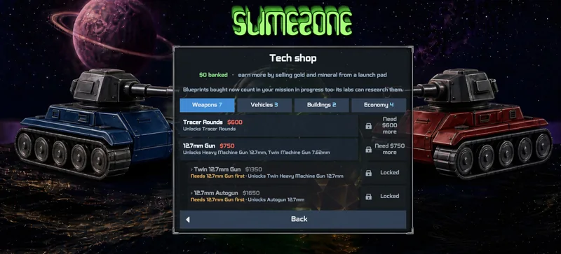The tech shop screen with weapon blueprints and their prices.